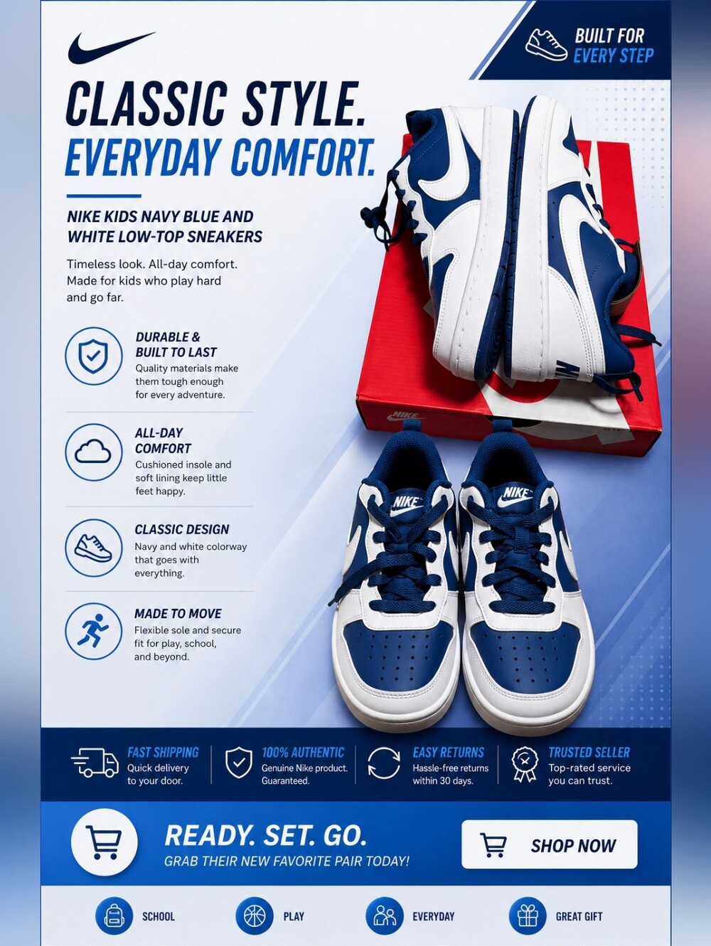 Nike Kids Navy Blue and White Low-Top Sneakers